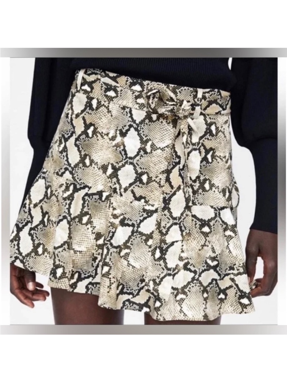 Zara Beige Black Snake-Print Ruffle Mini Skirt